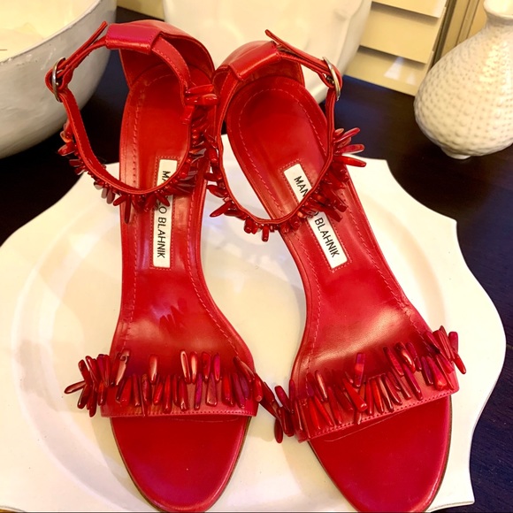 Manolo Blahnik Shoes - Manolo Blahnik raspberry beaded sandal.